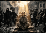 Woman calmly meditating cross-legged on a street during a protest with signs reading 'No War' and 'Protest'