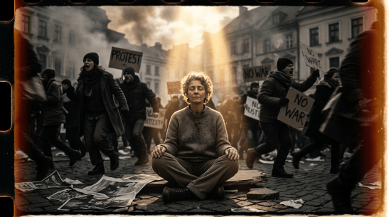 Woman calmly meditating cross-legged on a street during a protest with signs reading 'No War' and 'Protest'
