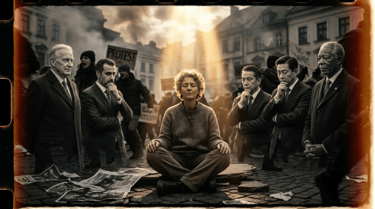 Woman calmly meditating cross-legged on a street during a protest with signs reading 'No War' and 'Protest'