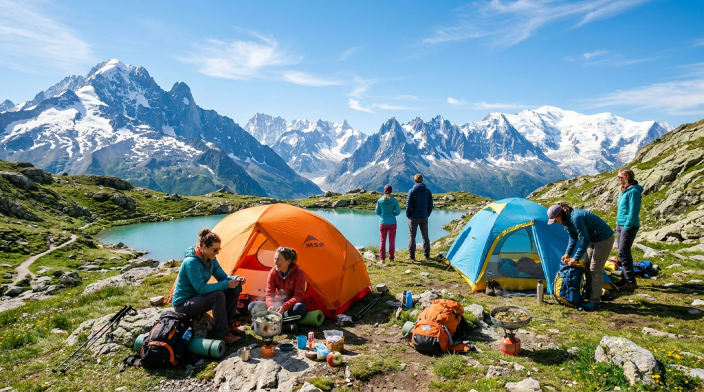 Campers at two tents near an Alpine mountain lake with snowy peaks