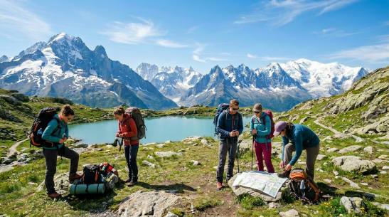 Campers at two tents near an Alpine mountain lake with snowy peaks