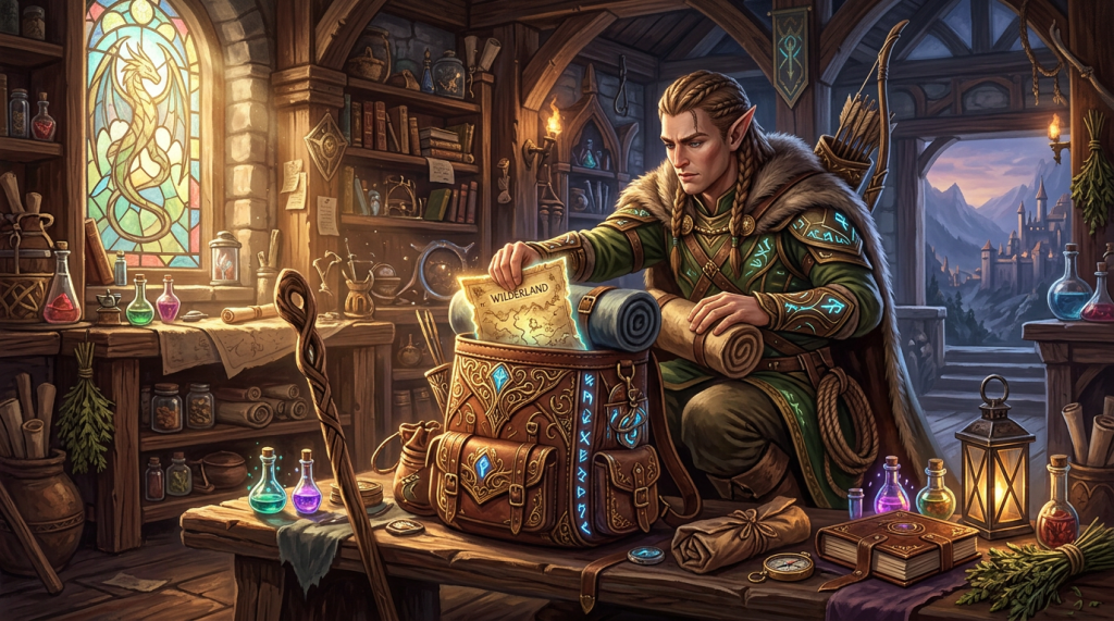 Elven ranger placing a glowing map titled 'Wilderland' into a detailed adventurer's pack inside a medieval alchemist's workshop