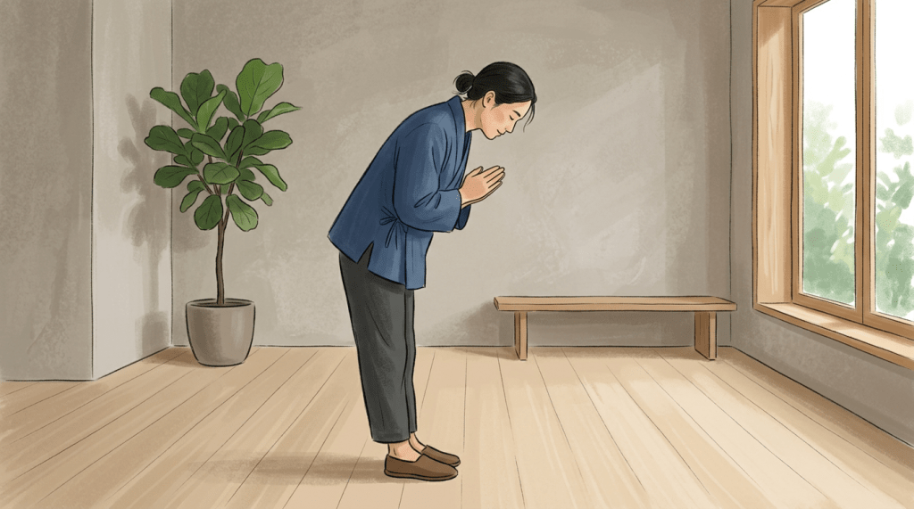 Person bowing with hands pressed together in a minimalist indoor room