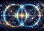 Glowing cosmic geometric symbol with interlocking circles and celestial background