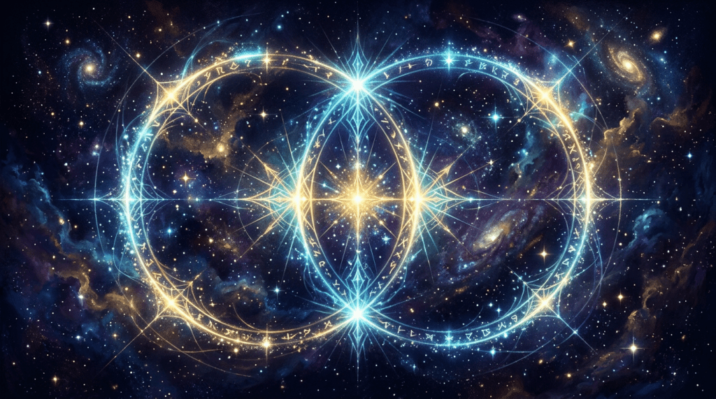 Glowing cosmic geometric symbol with interlocking circles and celestial background