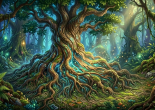 Large tree with glowing blue roots and wooden planks merged in a vibrant mystical forest