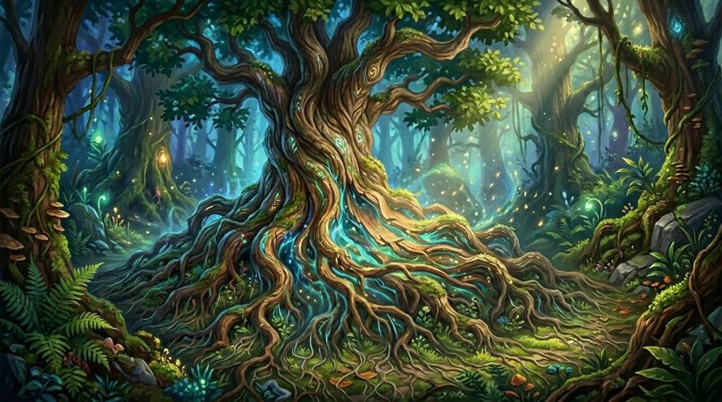 Large tree with glowing blue roots and wooden planks merged in a vibrant mystical forest