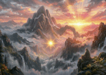 A cloaked traveler stands on a rocky ledge overlooking towering mountains and glowing mystical light at sunrise