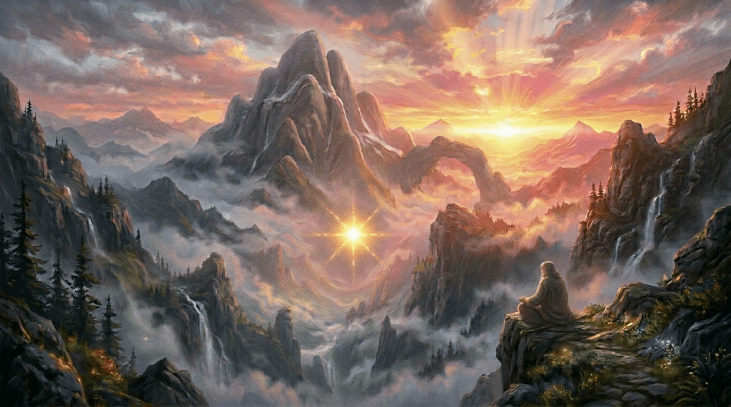 A cloaked traveler stands on a rocky ledge overlooking towering mountains and glowing mystical light at sunrise