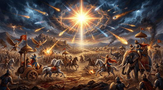 Ancient warriors and elephants clashing in battle under a fiery mystical eye emitting shooting stars
