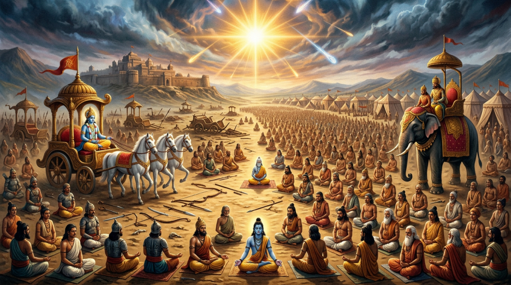 Ancient warriors and elephants clashing in battle under a fiery mystical eye emitting shooting stars