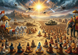Ancient warriors and elephants clashing in battle under a fiery mystical eye emitting shooting stars