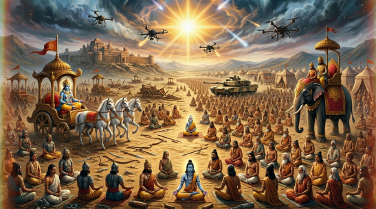 Ancient warriors and elephants clashing in battle under a fiery mystical eye emitting shooting stars