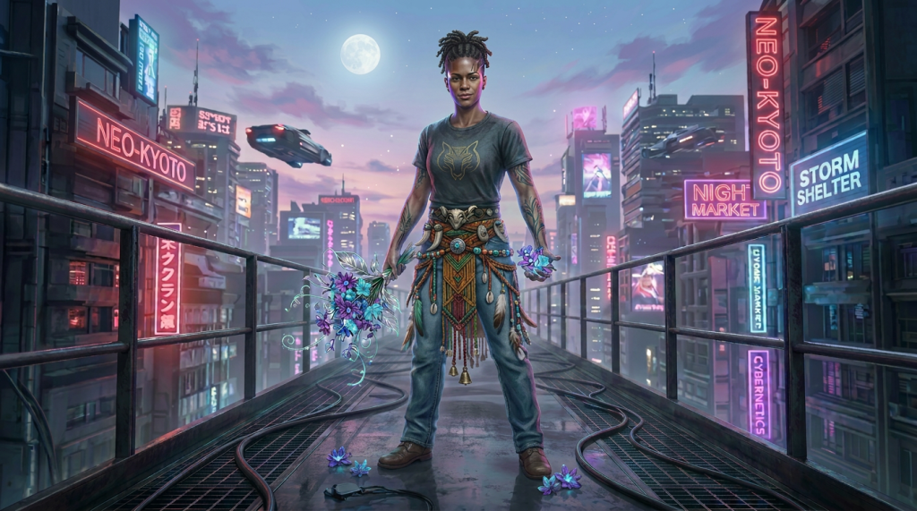 A person holding a weapon on a rainy rooftop bridge in a neon-lit futuristic city