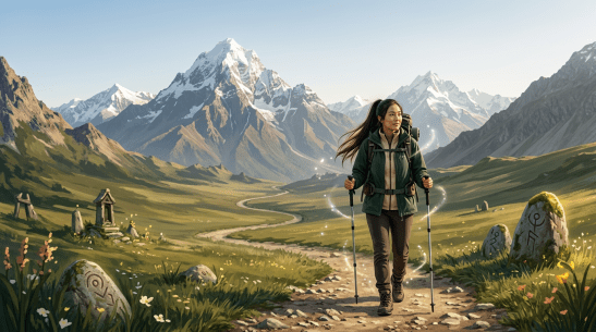 Young adventurer trekking along a mountain valley path with glowing magical effects