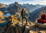 Young adventurer trekking along a mountain valley path with glowing magical effects