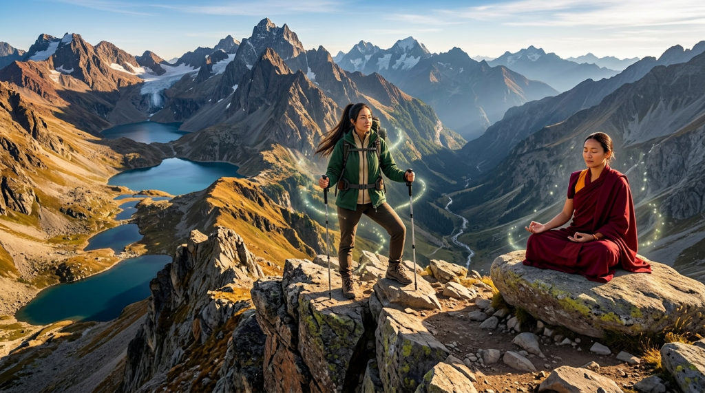 Young adventurer trekking along a mountain valley path with glowing magical effects