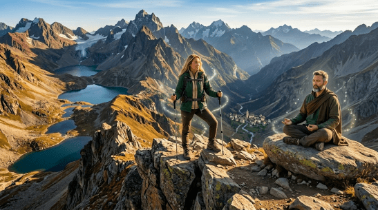 Young adventurer trekking along a mountain valley path with glowing magical effects