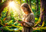 Young woman holding moss in sunlit green forest