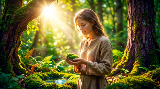 Young woman holding moss in sunlit green forest