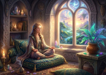 Woman meditating cross-legged on cushions in a mystical room with glowing crystals, candles, and a vibrant plant by a large arched window showing a fantasy landscape.