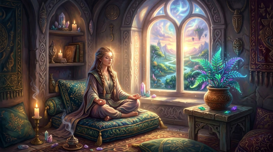 Woman meditating cross-legged on cushions in a mystical room with glowing crystals, candles, and a vibrant plant by a large arched window showing a fantasy landscape.