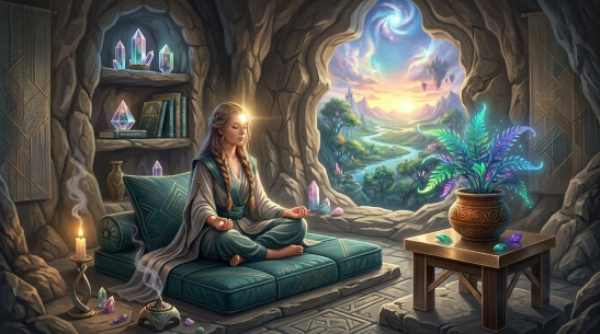 Woman meditating cross-legged on cushions in a mystical room with glowing crystals, candles, and a vibrant plant by a large arched window showing a fantasy landscape.