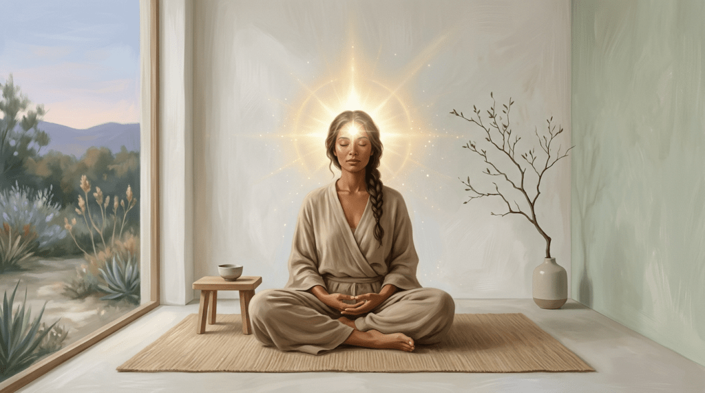 Woman sitting cross-legged on a mat meditating with a glowing light aura at her forehead