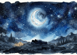 Person sleeping outdoors at night beneath a star-filled sky with a crescent moon and visible constellations