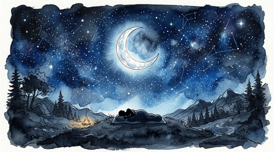 Person sleeping outdoors at night beneath a star-filled sky with a crescent moon and visible constellations