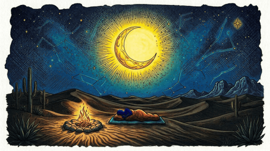 Person sleeping outdoors at night beneath a star-filled sky with a crescent moon and visible constellations