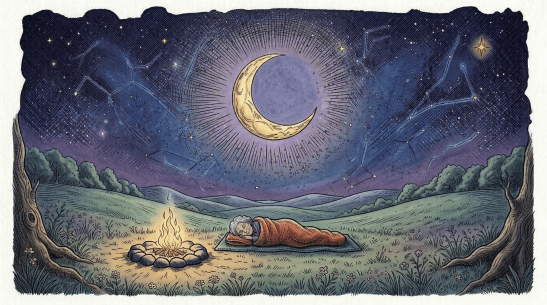 Person sleeping outdoors at night beneath a star-filled sky with a crescent moon and visible constellations