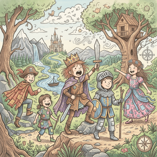Children in fantasy costumes including king, knight, pirate, and princess on a nature adventure with a castle, treehouse, and mountains.
