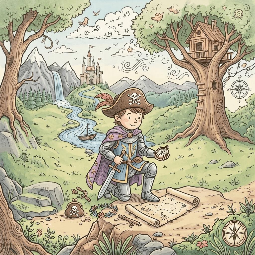 Children in fantasy costumes including king, knight, pirate, and princess on a nature adventure with a castle, treehouse, and mountains.
