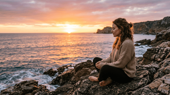 Woman sitting cross-legged on rocks by ocean at sunset