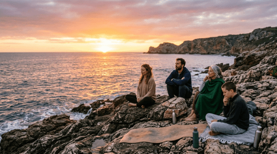 Four people meditating on rocky shore at sunset