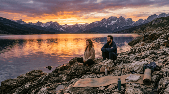 Two people sitting on rocky lakeshore meditating at sunset with mountains in background