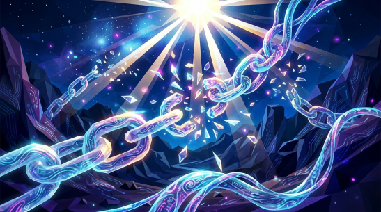 Glowing chains breaking in front of a bright radiant light in a dark mountainous landscape