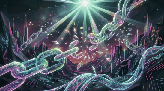 Glowing chains breaking in front of a bright radiant light in a dark mountainous landscape