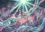 Glowing chains breaking in front of a bright radiant light in a dark mountainous landscape