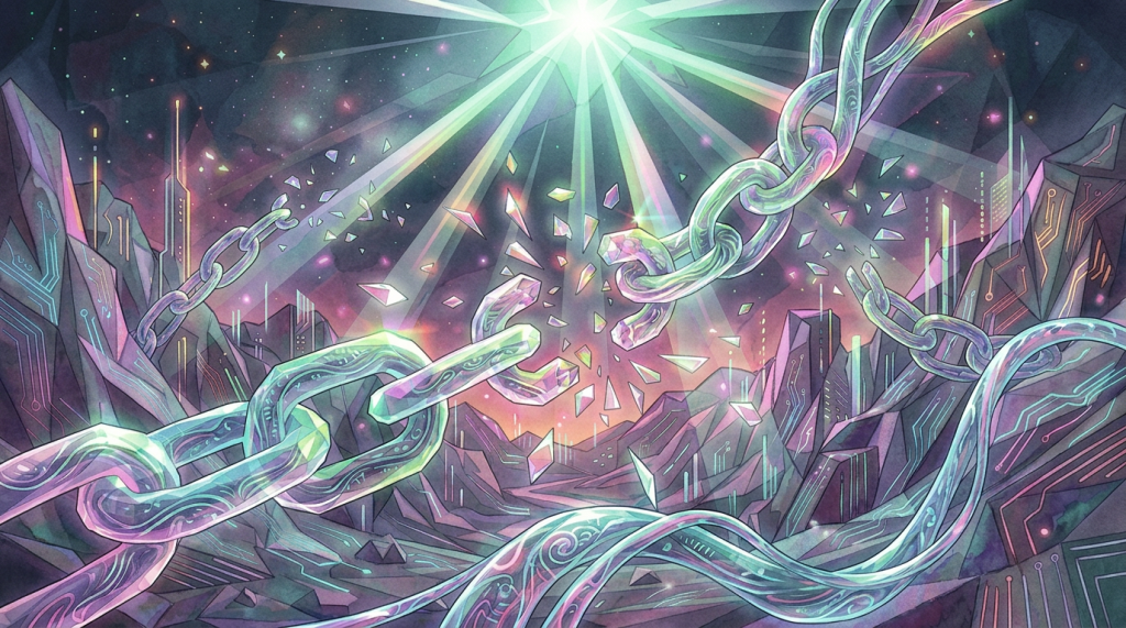 Glowing chains breaking in front of a bright radiant light in a dark mountainous landscape