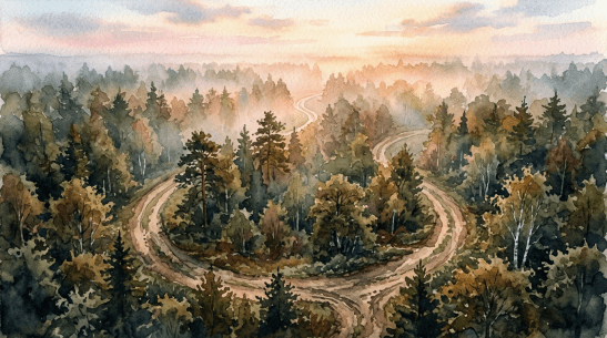 Winding dirt path through dense forest with mist and sunrise colors