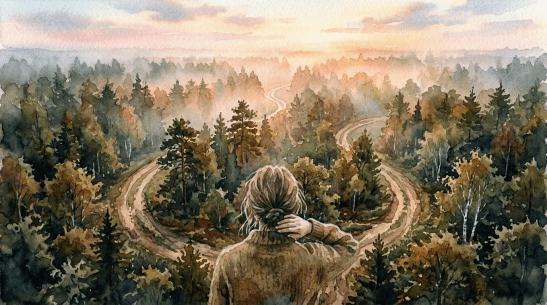 Winding dirt path through dense forest with mist and sunrise colors