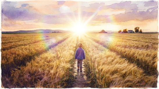 Child walking on path through wheat field at sunset
