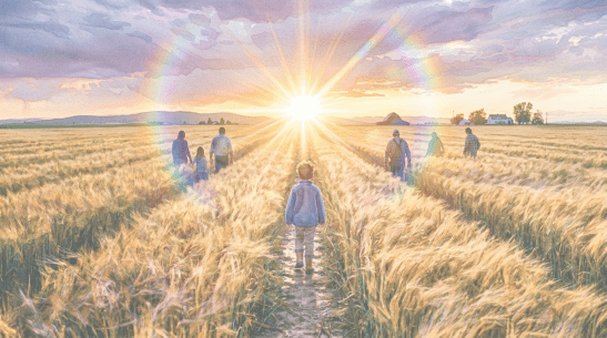 Child walking on path through wheat field at sunset
