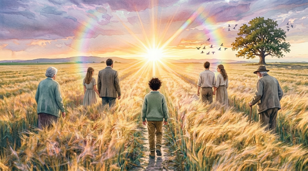 Child walking on path through wheat field at sunset