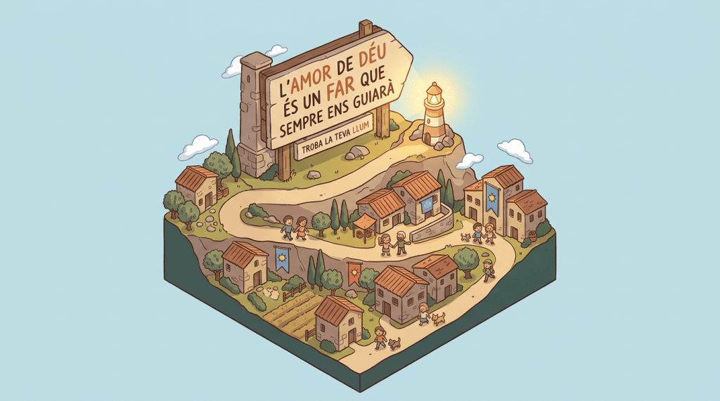 Illustrated village with winding path, houses, people, lighthouse, and Catalan sign about love and guidance