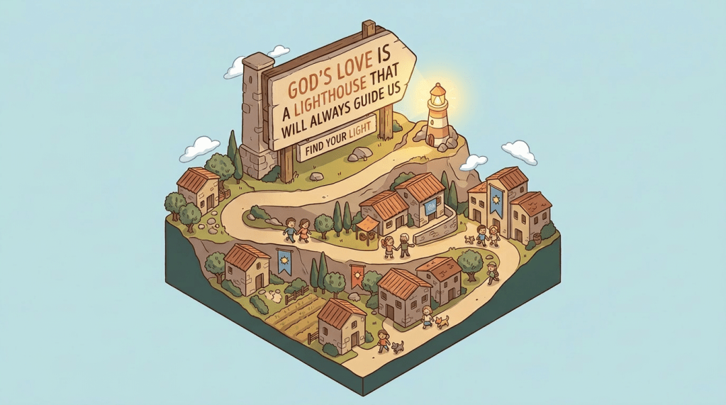 Illustrated village with winding path, houses, people, lighthouse, and Catalan sign about love and guidance