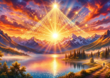 Sunset over lake and mountains with Spanish text about God's limitless love