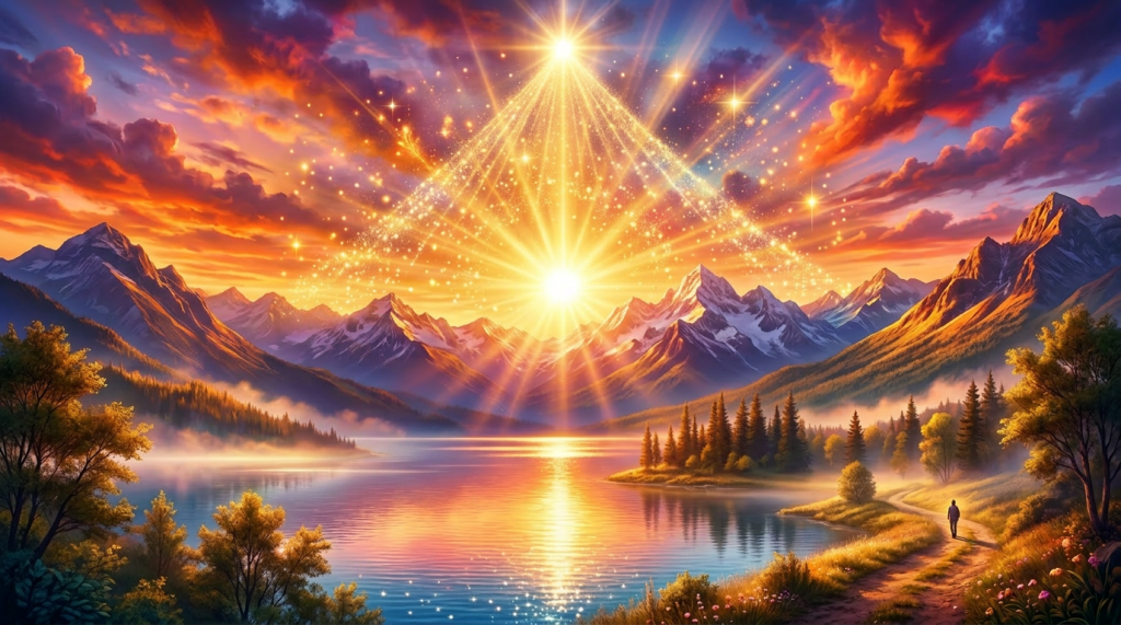 Sunset over lake and mountains with Spanish text about God's limitless love